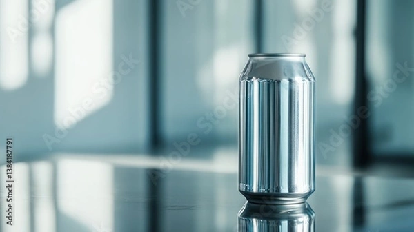 Fototapeta Shiny Aluminum Can on Reflective Surface