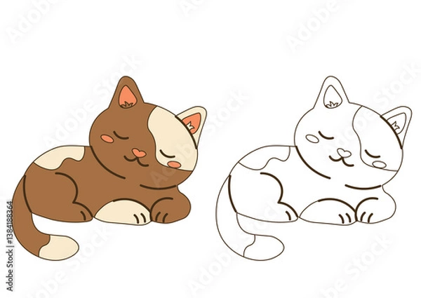 Obraz Flat style illustration of a sleeping cat in color and outline versions, ideal for coloring pages, childrens books, pet designs, and cozy-themed projects.