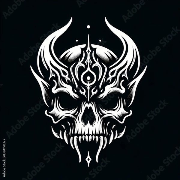 Fototapeta Stylized tribal skull with horns and swirling flame-like patterns in black and white