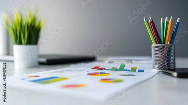 Fototapeta Colorful Pencils And Charts On Modern Workplace