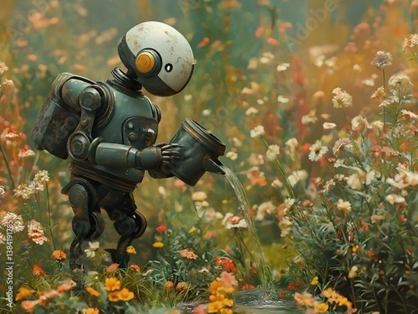 Fototapeta robot in flower field, muted colors, soft light, peaceful ambiance, whimsical style
