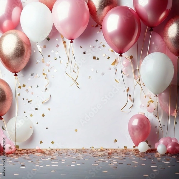 Fototapeta pink and white balloons and confetti card concept