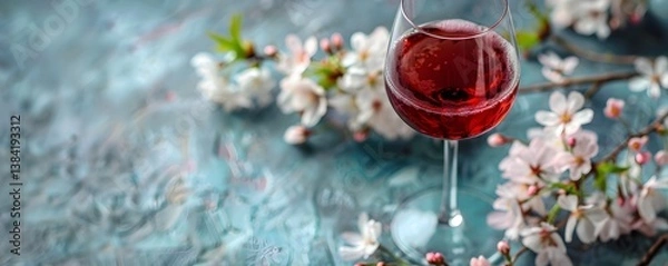 Fototapeta Glass of red wine with spring cherry blossom branches on blue textured background. Romantic wine tasting concept. Seasonal beverage for celebration or relaxation.