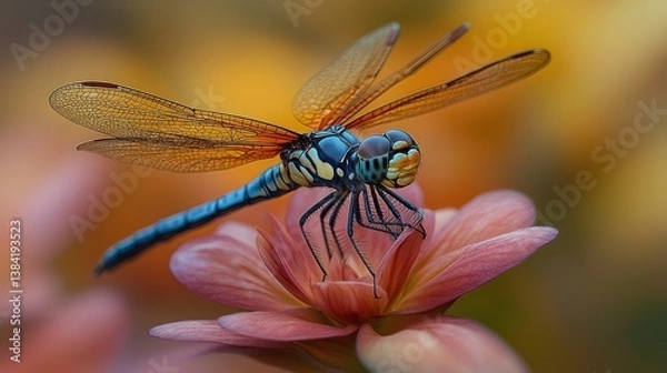 Fototapeta A dragonfly rests on a dry twig, its shimmering wings catching sunlight, with soft hues and textured bark forming a serene, natural scene.