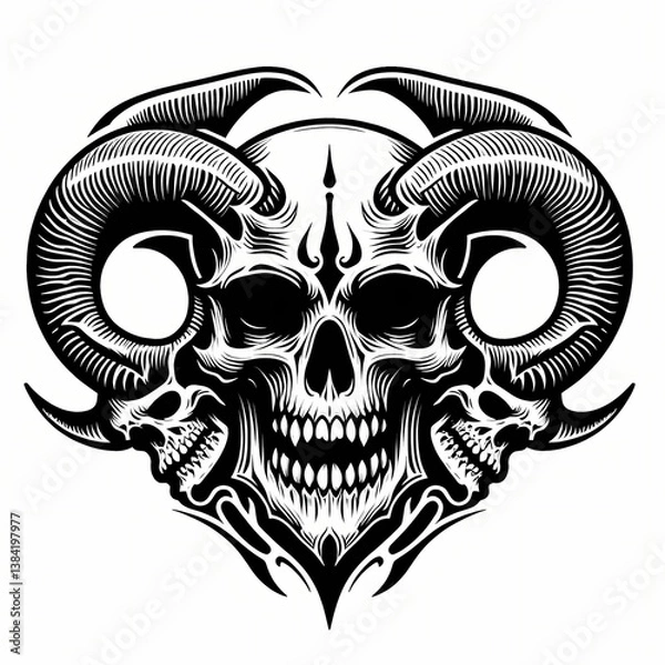 Fototapeta Demonic skull with curved horns and tribal patterns in black and white tattoo style