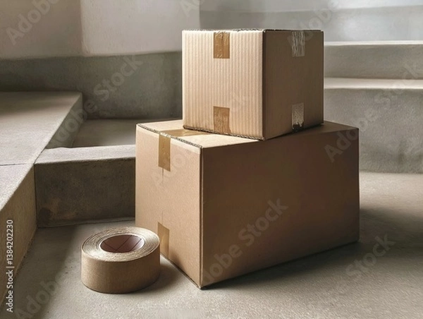 Fototapeta stacked boxes, packing tape, shipping, preparation, storage