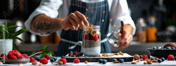 Fototapeta A chef meticulously layers chia pudding with coconut milk, fresh berries, and toasted nuts in a glass jar. Natural light enhances the vibrant breakfast setting