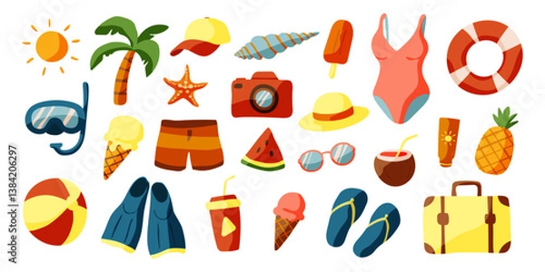 Fototapeta A collection of beach items including a swimsuit, sunglasses, a hat, a camera, a suitcase, a ball, and a pineapple