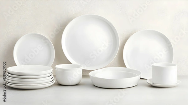 Fototapeta White ceramic dishware collection on a neutral textured surface with stacked plates various sizes bowls and drinkware arranged for dining