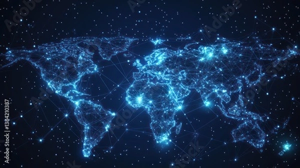 Fototapeta Global Network Connections Illuminated World Map, Space Background, Digital Communication