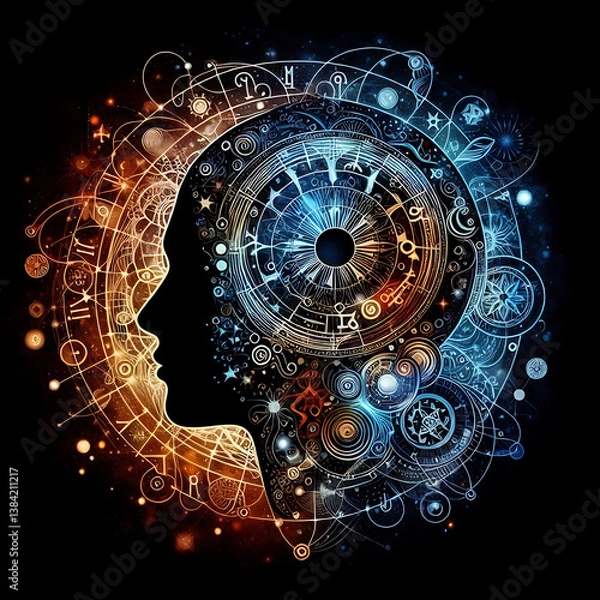 Obraz Profiles of Destiny series. Backdrop of astrology symbols, human profile lines, circles and design elements on the subject of astrology,magic, witchcraft and fortune telling