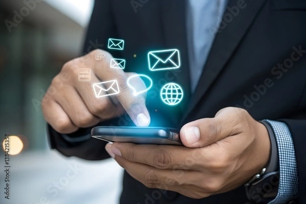 Fototapeta Alert notification concept. Push Notifications, Web Reminders, Time Table and Announcements. Person using smartphone with notification icon on virtual screen.