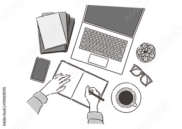 Fototapeta 俯瞰で見るデスクと作業風景のイラスト - リモートワーク、学習、執筆など多様なシーンに