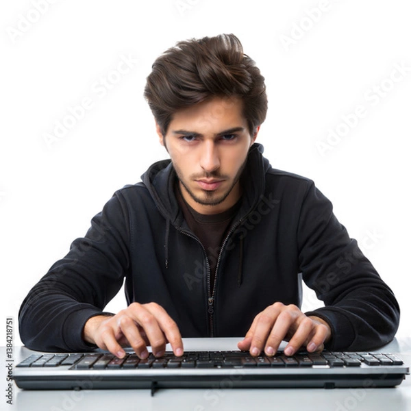 Fototapeta Young Male Tech Enthusiast Working on Keyboard in High Resolution 8K