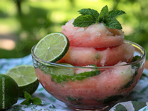 Obraz p: a bowl of refreshing spring granita with layers of watermelon and mint