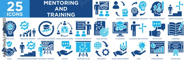 Fototapeta mentoring and training, team, business, training, workshop, education, icon set. Outline icons collection. Simple vector illustration