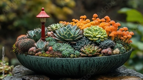 Fototapeta a unique green pedestal planter showcases an arrangement of succulents cacti and orange tipped sansevieria complete with a decorative lamp post and red mushroom ornament for a whimsical touch