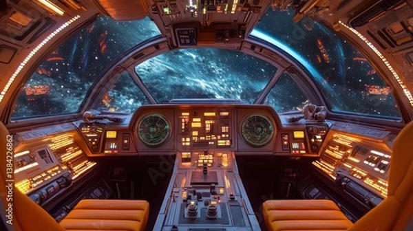 Fototapeta Spaceship cockpit view Earth orbit, futuristic controls, space travel, sci-fi film