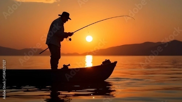 Fototapeta A man in a hat sits in a small boat, casting his fishing line into a calm lake at sunset. The warm colors of the sky reflect on the water, creating a peaceful atmosphere.