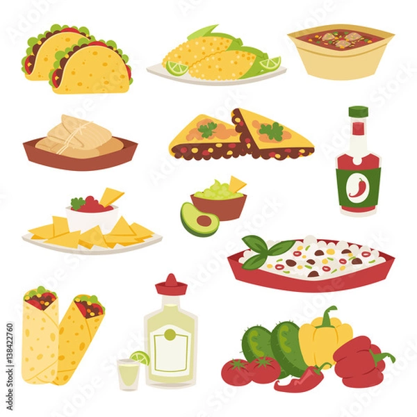 Fototapeta Meksykańskie tradycyjne potrawy z mięsa awokado tequila kukurydzy na białym tle i pikantna papryka salsa obiad sos kuchnia obiad ilustracja kreskówka styl wektor.