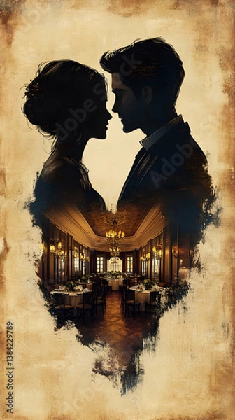 Fototapeta A couples silhouette before a grand hall creating an intimate moment within a luxurious setting with tables and chande