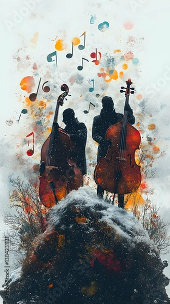Fototapeta A pair of musicians stand atop a snowy peak each holding a stringed instrument Musical notes float in the painted spl
