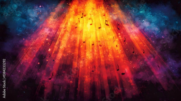 Fototapeta Abstract painting of music notes falling from a bright light in the sky set against a colorful cosmic background
