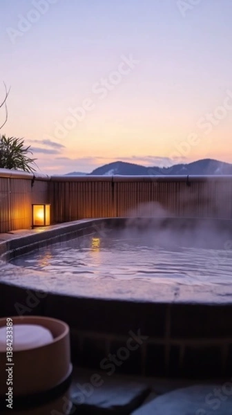 Obraz Tranquil Winter Onsen Retreat: A Steaming Outdoor Hot Spring Bathed in the Soft Glow of Dusk, Surrounded by Snow-Covered Mountains