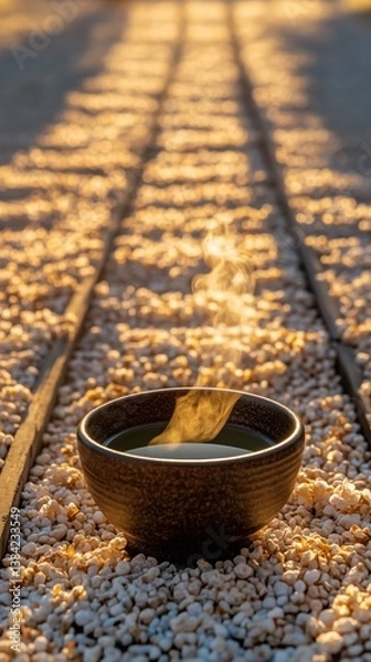 Obraz Serene Dawn Ritual: A Traditional Japanese Tea Ceremony in a Zen Garden Illuminated by the First Light of Morning