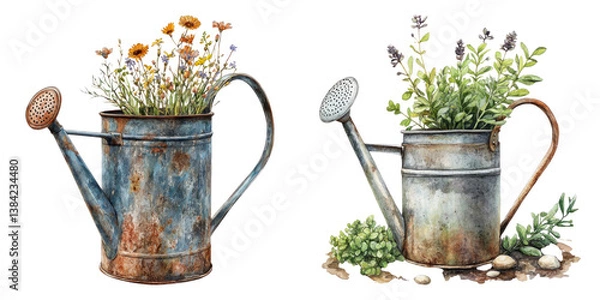 Fototapeta Rustic garden watering cans filled with vibrant flowers and herbs, showcasing charming botanical theme