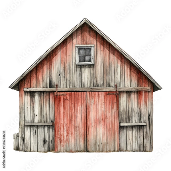 Fototapeta rustic wooden barn with weathered appearance, featuring red and gray color scheme, evokes sense of countryside charm