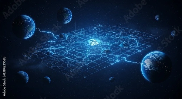Fototapeta Earth Planets Connecting with Digital Network Grid in Dark Space