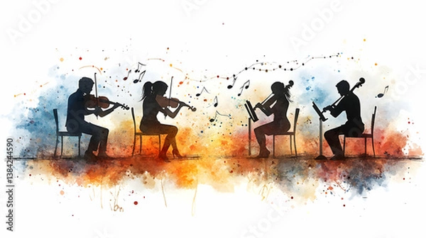 Fototapeta Quartet playing stringed instruments a watercolor art illustration of seated musicians performing with sheet music and