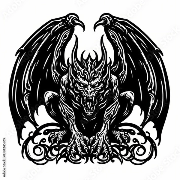 Fototapeta Black and white digital drawing of a fierce gargoyle with tribal patterns and outstretched wings