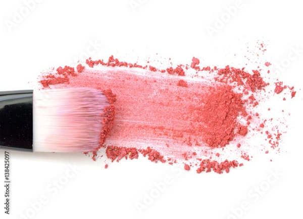 Obraz Close up of crushed blush on white background and cosmetic brush