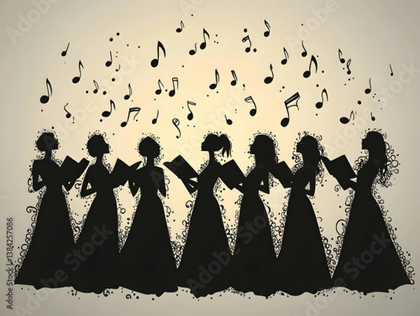 Fototapeta Silhouetted female choir members sing with musical notes floating above them against a light background in a stylized a