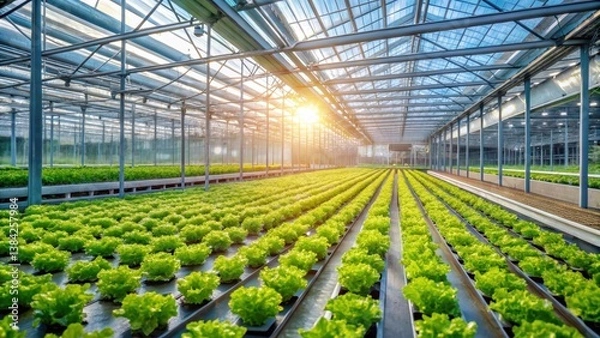 Obraz Rows of vibrant green lettuce flourishing under the sunlight within a modern greenhouse structure