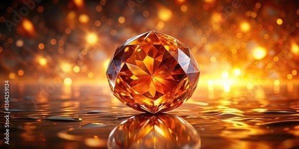 Obraz A radiant, amber gemstone rests on a shimmering, golden surface, reflecting the warm, ambient light.