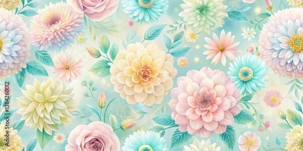 Obraz Pastel Floral Design A Seamless Pattern of Delicate Blooms and Lush Greenery on a Soft Aqua Background