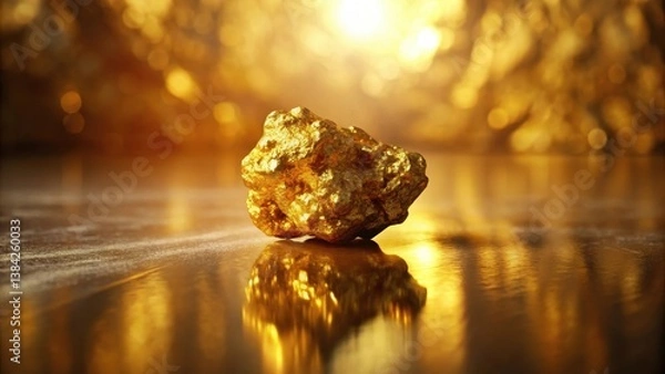 Fototapeta Illuminated Gold Nugget Reflecting on a Polished Surface, a Symbol of Wealth and Prosperity