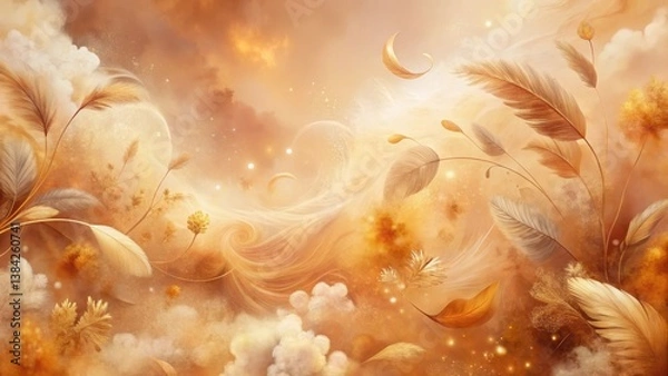 Fototapeta Golden Hues of a Dreamlike Celestial Garden with Floating Feathers and Soft Clouds