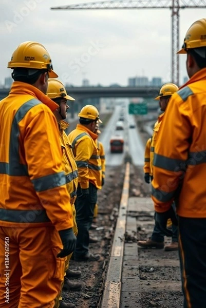 Obraz A photograph of construction workers in yellow uniforms at a highway construction site