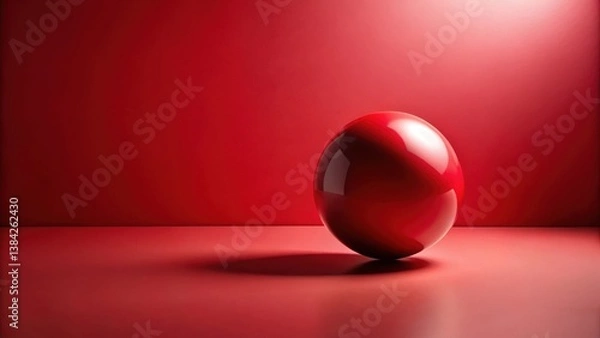 Fototapeta A Single Polished Crimson Sphere Rests on a Matching Surface Against a Deep Red Wall
