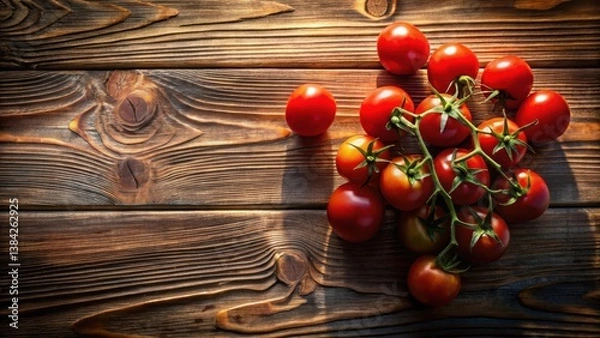 Fototapeta Rustic Wooden Surface with a Cluster of Ripe Red Tomatoes on the Vine, Illuminated by Warm Sunlight