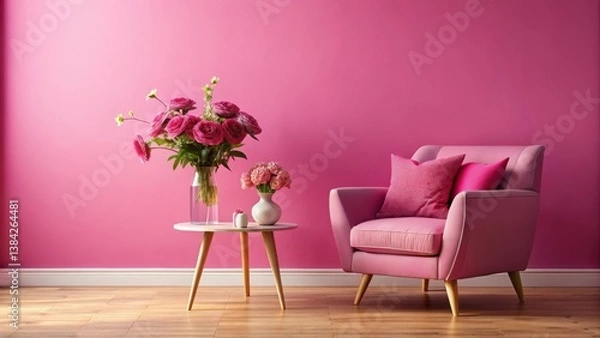 Obraz Pink armchair and side table with vibrant flower arrangements in a contemporary living space