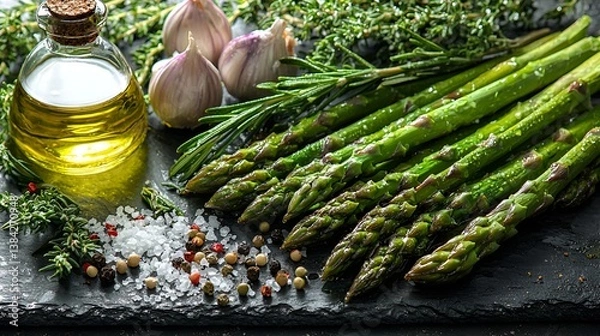 Obraz Fresh green asparagus with herbs, garlic, olive oil, salt, and pepper on dark stone.