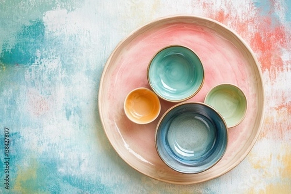 Obraz Hand-painted ceramics in triadic color scheme and flat lay with soft lighting and negative space