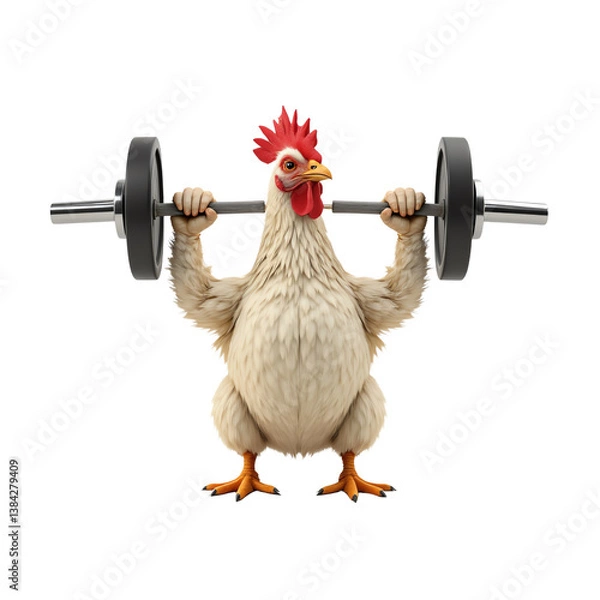 Obraz Chicken lifting weights isolated on white background