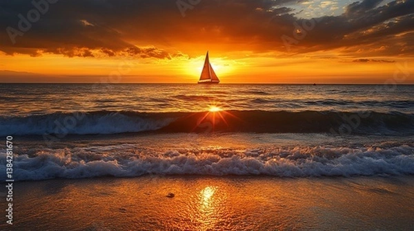 Fototapeta Sailboat sailing at sunset on the sea with colorful sky and wave reflection