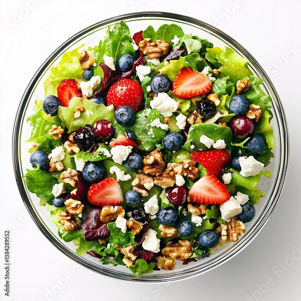 Fototapeta Vibrant salad in a clear glass bowl, showcasing a colorful mix of fresh greens, strawberries, blueberries, and walnuts